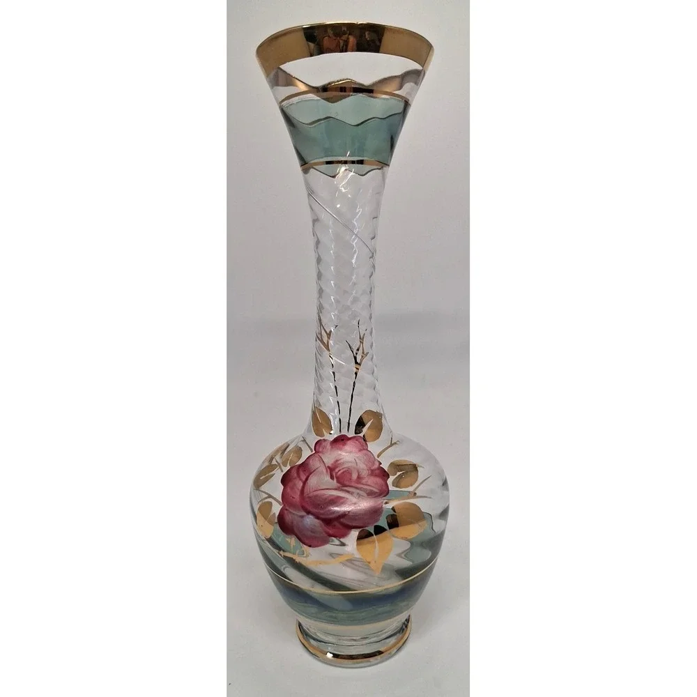 Vintage Bohemian Glass Vase with Enamel Rose Decoration and Gold Accents